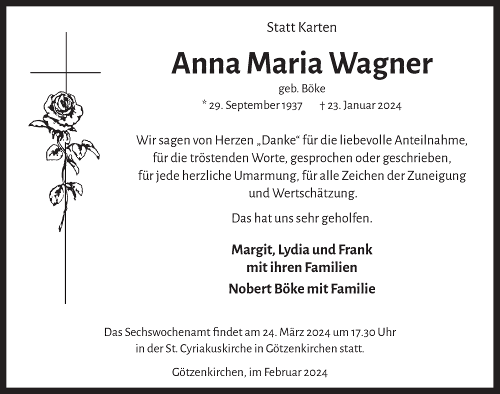  Traueranzeige für Anna Maria Wagner vom 01.03.2024 aus  Werbepost 
