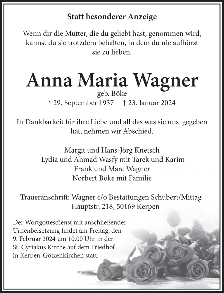  Traueranzeige für Anna Maria Wagner vom 02.02.2024 aus  Werbepost 