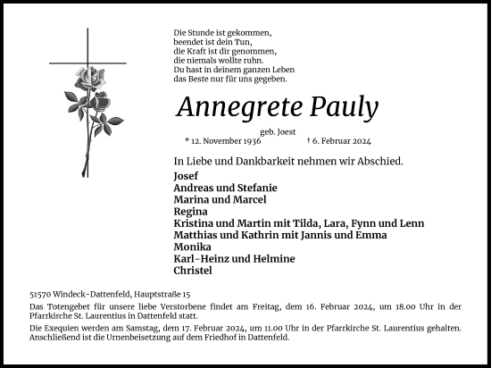 Anzeige von Annegrete Pauly von Kölner Stadt-Anzeiger / Kölnische Rundschau / Express