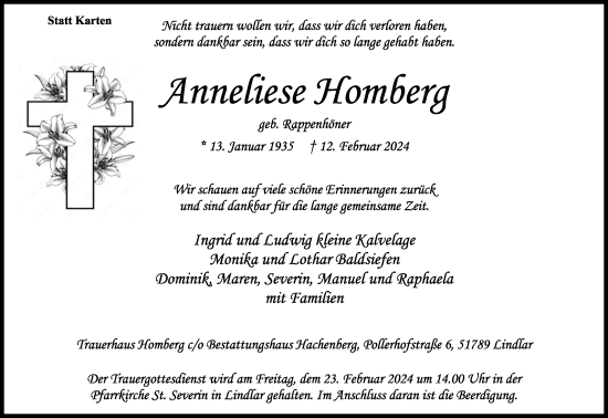 Anzeige von Anneliese Homberg von Kölner Stadt-Anzeiger / Kölnische Rundschau / Express