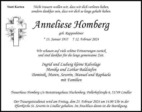 Anzeige von Anneliese Homberg von  Anzeigen Echo 