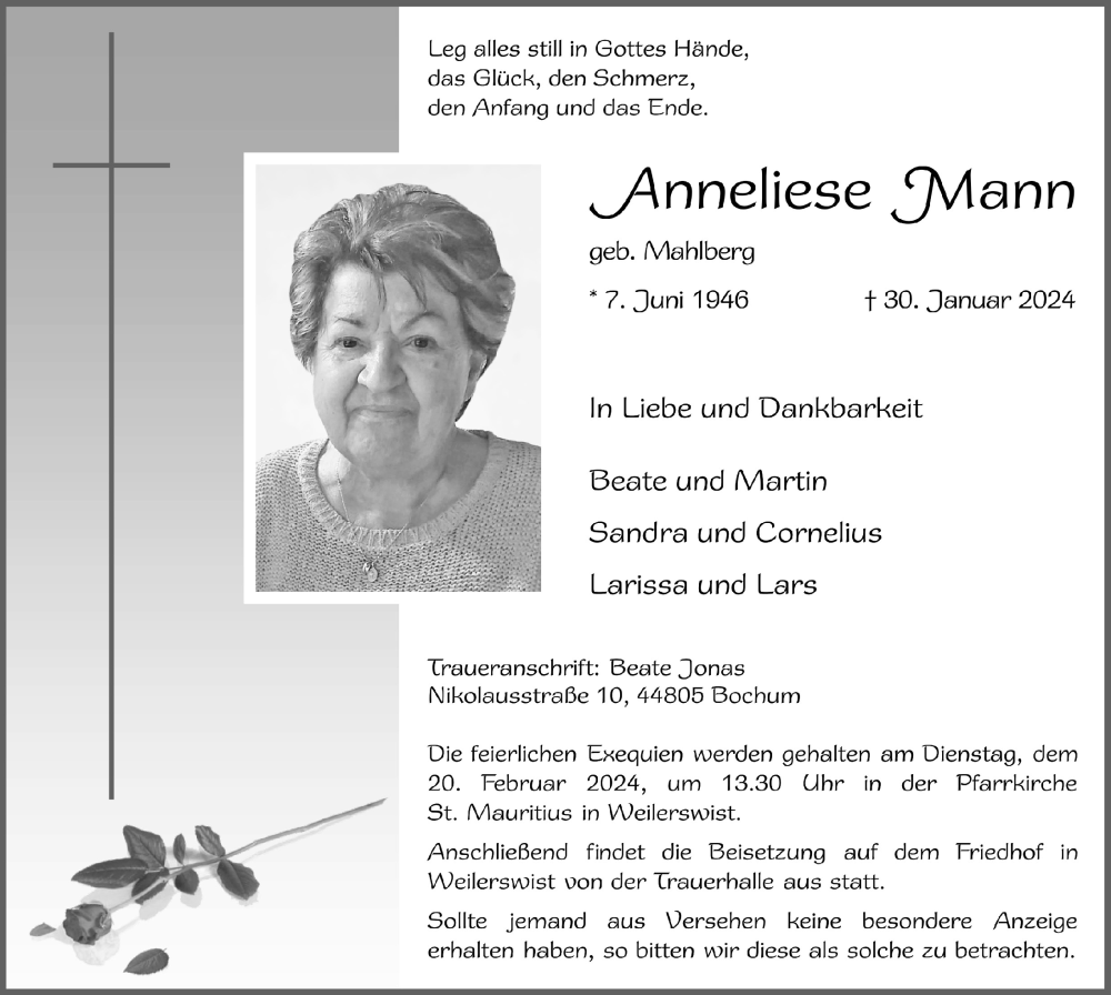  Traueranzeige für Anneliese Mann vom 10.02.2024 aus  Werbepost 