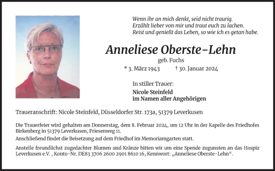 Anzeige von Anneliese Oberste-Lehn von Kölner Stadt-Anzeiger / Kölnische Rundschau / Express