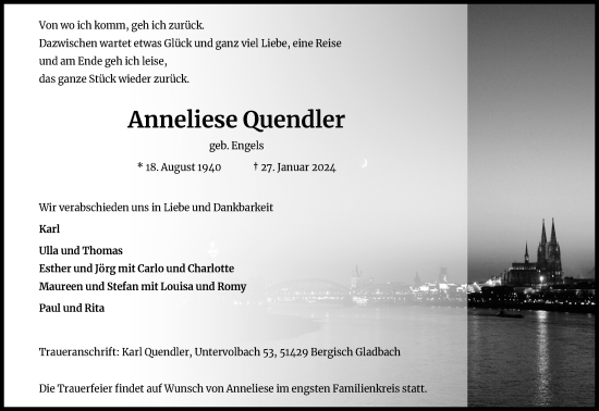 Anzeige von Anneliese Quendler von Kölner Stadt-Anzeiger / Kölnische Rundschau / Express