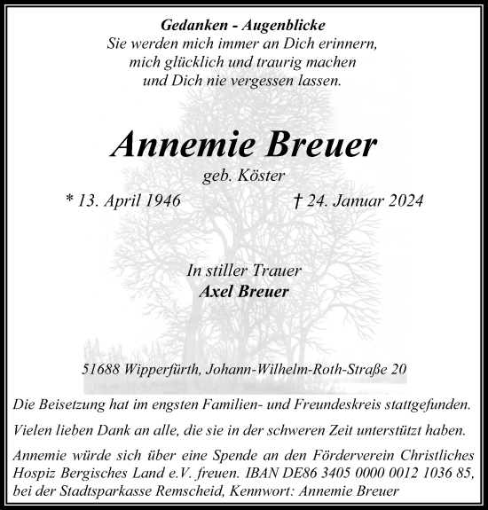 Anzeige von Annemie Breuer von Kölner Stadt-Anzeiger / Kölnische Rundschau / Express
