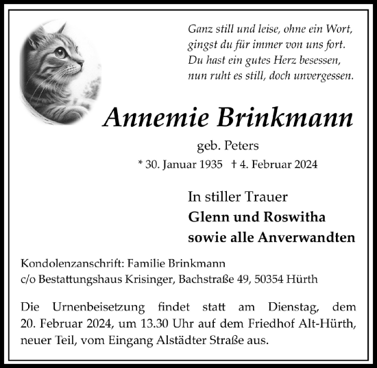 Anzeige von Annemie Brinkmann von  Wochenende 