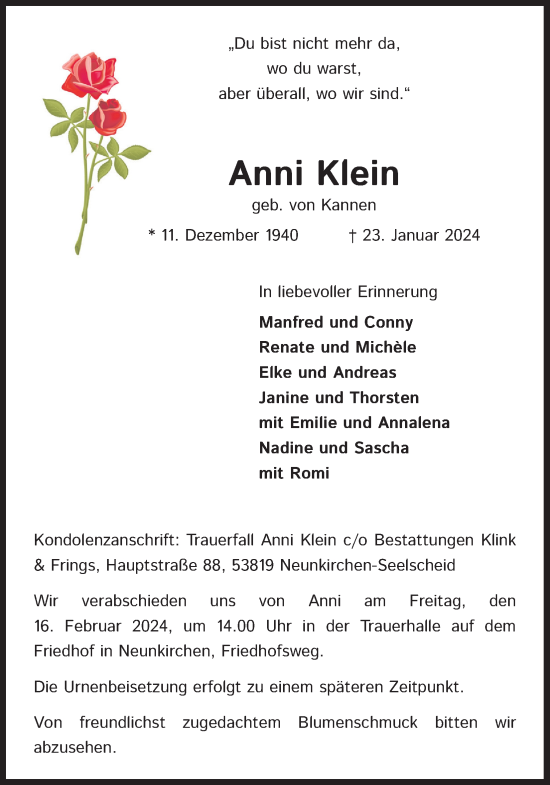 Anzeige von Anni Klein von Kölner Stadt-Anzeiger / Kölnische Rundschau / Express