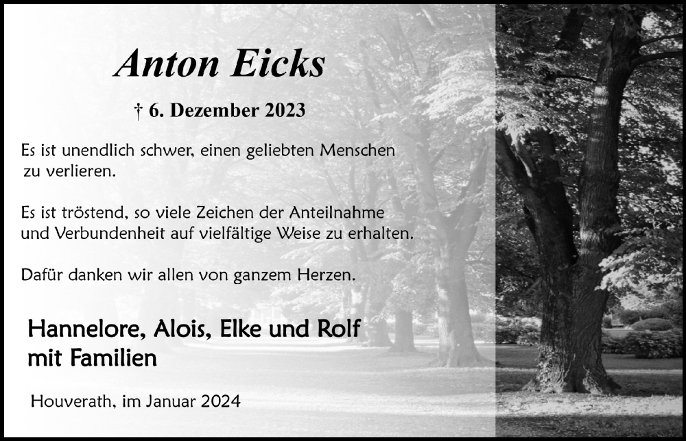 Traueranzeige für Anton Eicks vom 03.02.2024 aus  Blickpunkt Euskirchen 