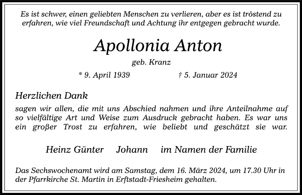  Traueranzeige für Apollonia Anton vom 16.02.2024 aus  Werbepost 