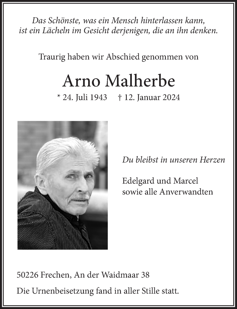  Traueranzeige für Arno Malherbe vom 23.02.2024 aus  Wochenende 