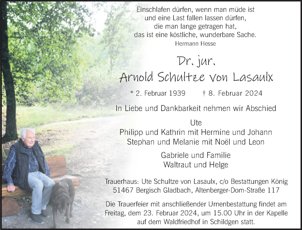  Traueranzeige für Arnold Schultze von Lasaulx vom 17.02.2024 aus Kölner Stadt-Anzeiger / Kölnische Rundschau / Express