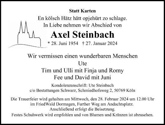 Anzeige von Axel Steinbach von Kölner Stadt-Anzeiger / Kölnische Rundschau / Express