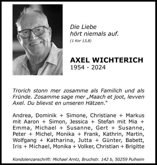 Anzeige von Axel Wichterich von Kölner Stadt-Anzeiger / Kölnische Rundschau / Express
