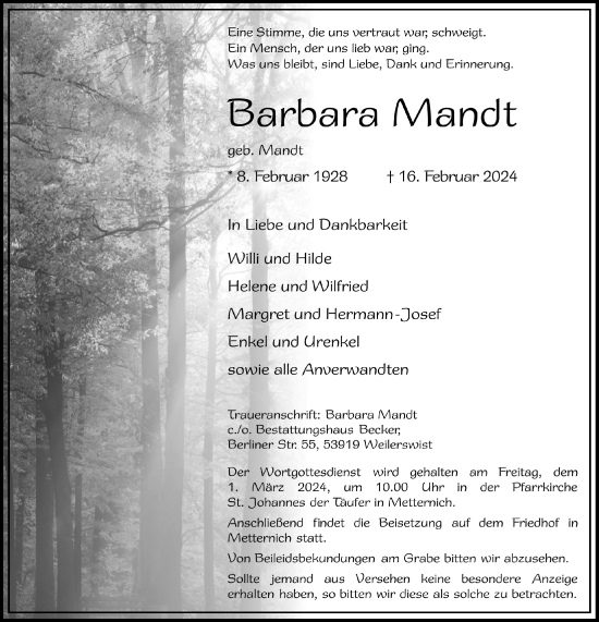 Anzeige von Barbara Mandt von  Blickpunkt Euskirchen 