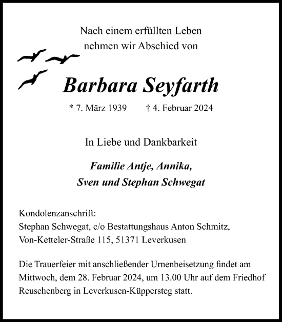 Anzeige von Barbara Seyfarth von Kölner Stadt-Anzeiger / Kölnische Rundschau / Express