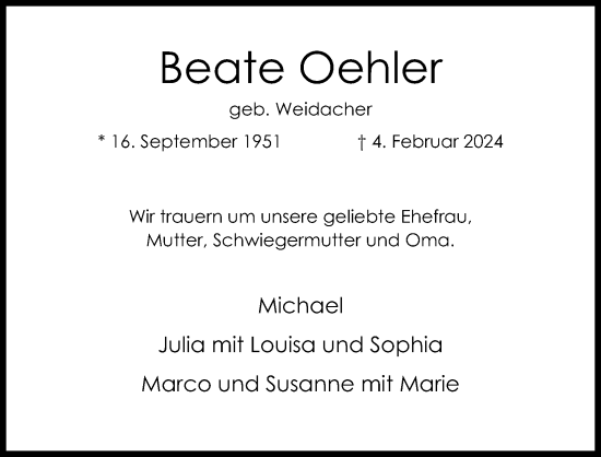 Anzeige von Beate Oehler von Kölner Stadt-Anzeiger / Kölnische Rundschau / Express