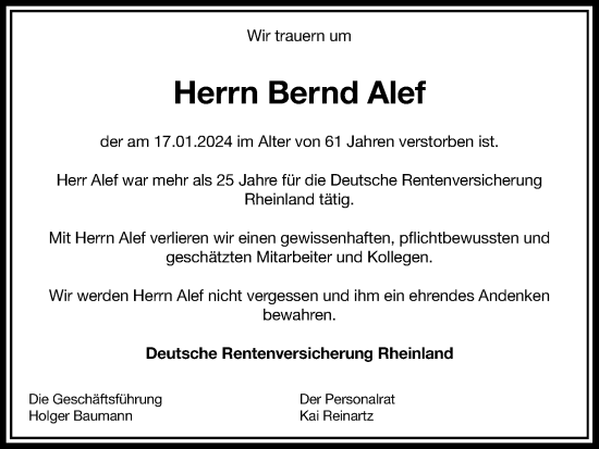 Anzeige von Bernd Alef von Kölner Stadt-Anzeiger / Kölnische Rundschau / Express