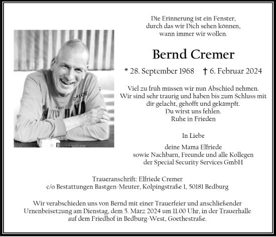 Anzeige von Bernd Cremer von  Werbepost 