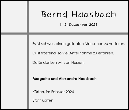 Anzeige von Bernd Haasbach von Kölner Stadt-Anzeiger / Kölnische Rundschau / Express