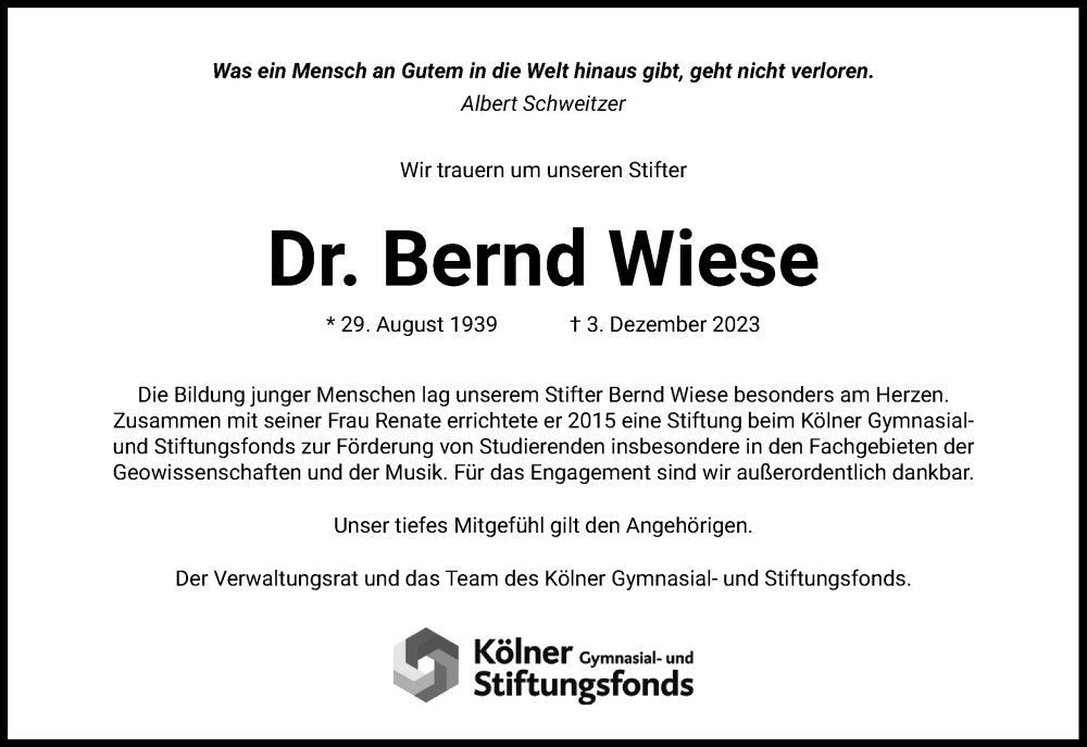  Traueranzeige für Bernd Wiese vom 24.02.2024 aus Kölner Stadt-Anzeiger / Kölnische Rundschau / Express