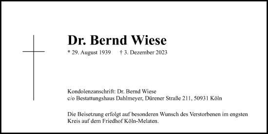 Anzeige von Bernd Wiese von Kölner Stadt-Anzeiger / Kölnische Rundschau / Express