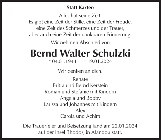 Anzeige von Bernd Walter Schulzki von  Anzeigen Echo 
