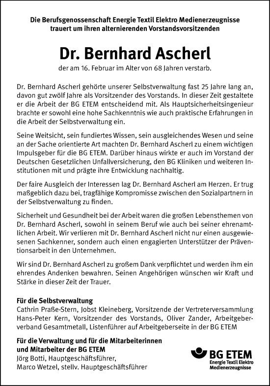 Anzeige von Bernhard Ascherl von Kölner Stadt-Anzeiger / Kölnische Rundschau / Express