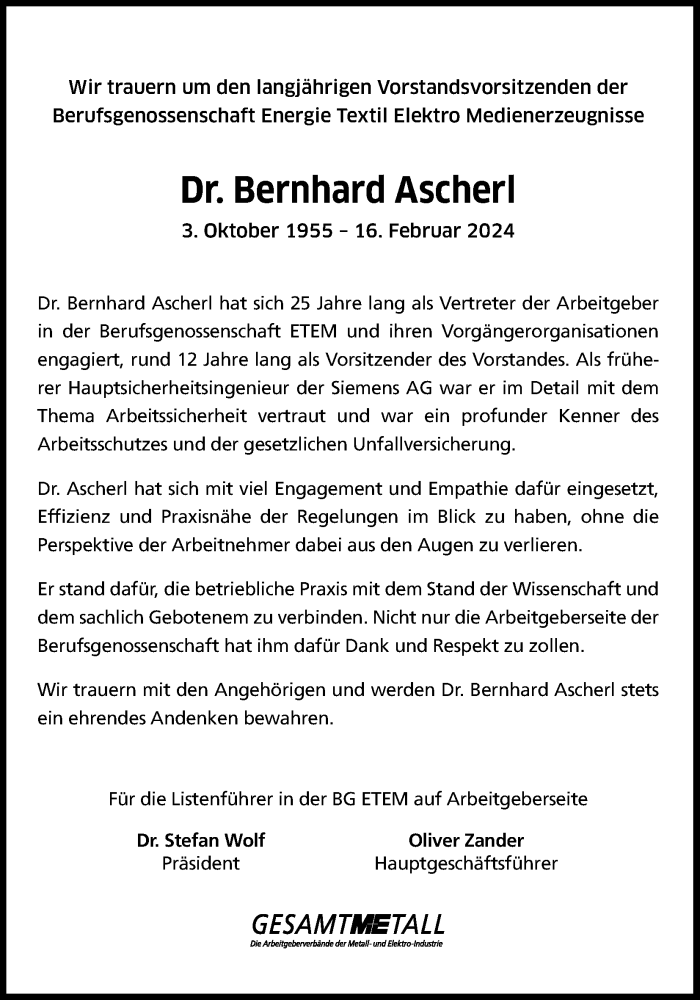  Traueranzeige für Bernhard Ascherl vom 23.02.2024 aus Kölner Stadt-Anzeiger / Kölnische Rundschau / Express