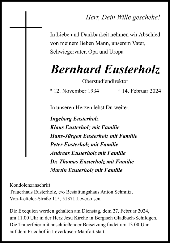 Anzeige von Bernhard Eusterholz von Kölner Stadt-Anzeiger / Kölnische Rundschau / Express