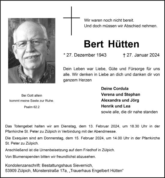 Anzeige von Bert Hütten von  Blickpunkt Euskirchen 