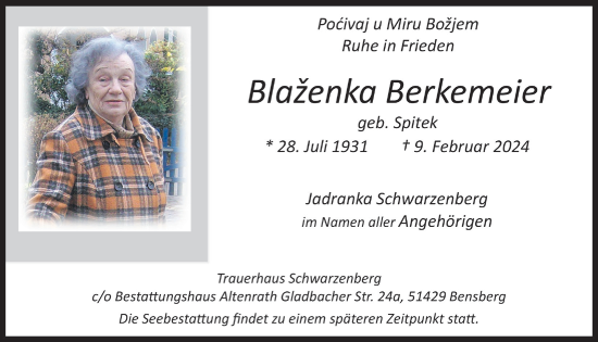 Anzeige von Blazenka Berkemeier von  Bergisches Handelsblatt 
