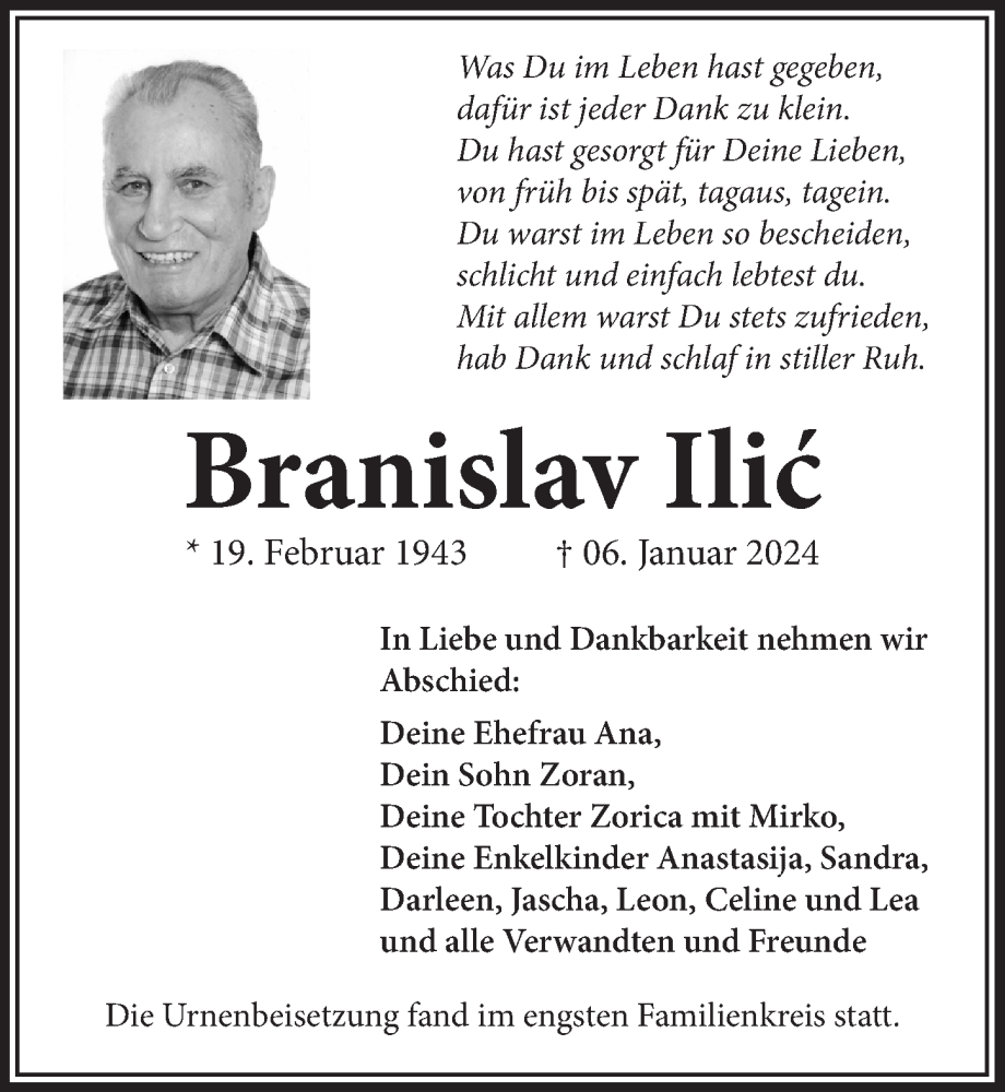  Traueranzeige für Branislav Ilic vom 02.02.2024 aus  Werbepost 