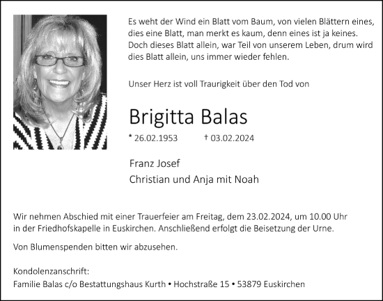 Anzeige von Brigitta Balas von  Blickpunkt Euskirchen 