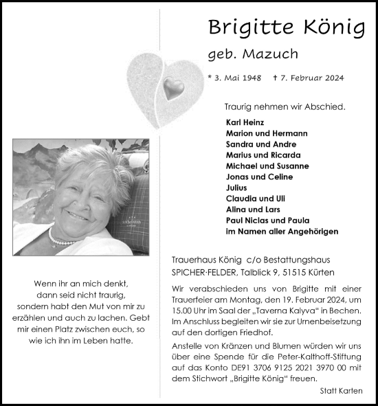 Anzeige von Brigitte König von  Bergisches Handelsblatt 