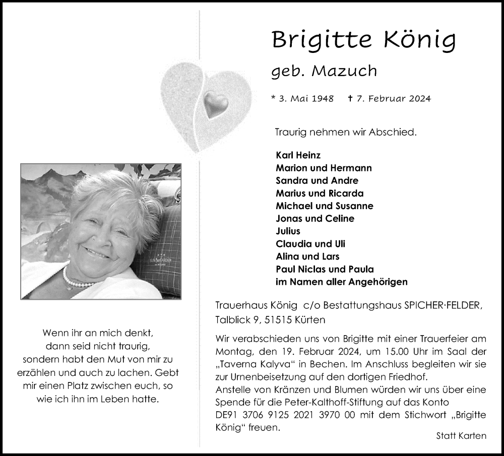  Traueranzeige für Brigitte König vom 14.02.2024 aus Kölner Stadt-Anzeiger / Kölnische Rundschau / Express