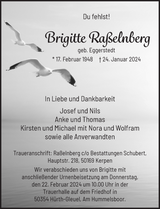 Anzeige von Brigitte Raßelnberg von  Wochenende 