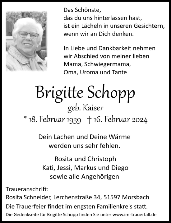 Anzeige von Brigitte Schopp von  Lokalanzeiger 