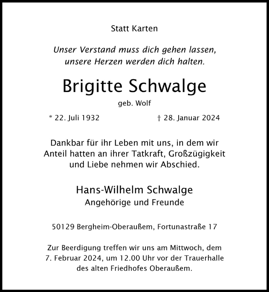  Traueranzeige für Brigitte Schwalge vom 02.02.2024 aus  Werbepost 