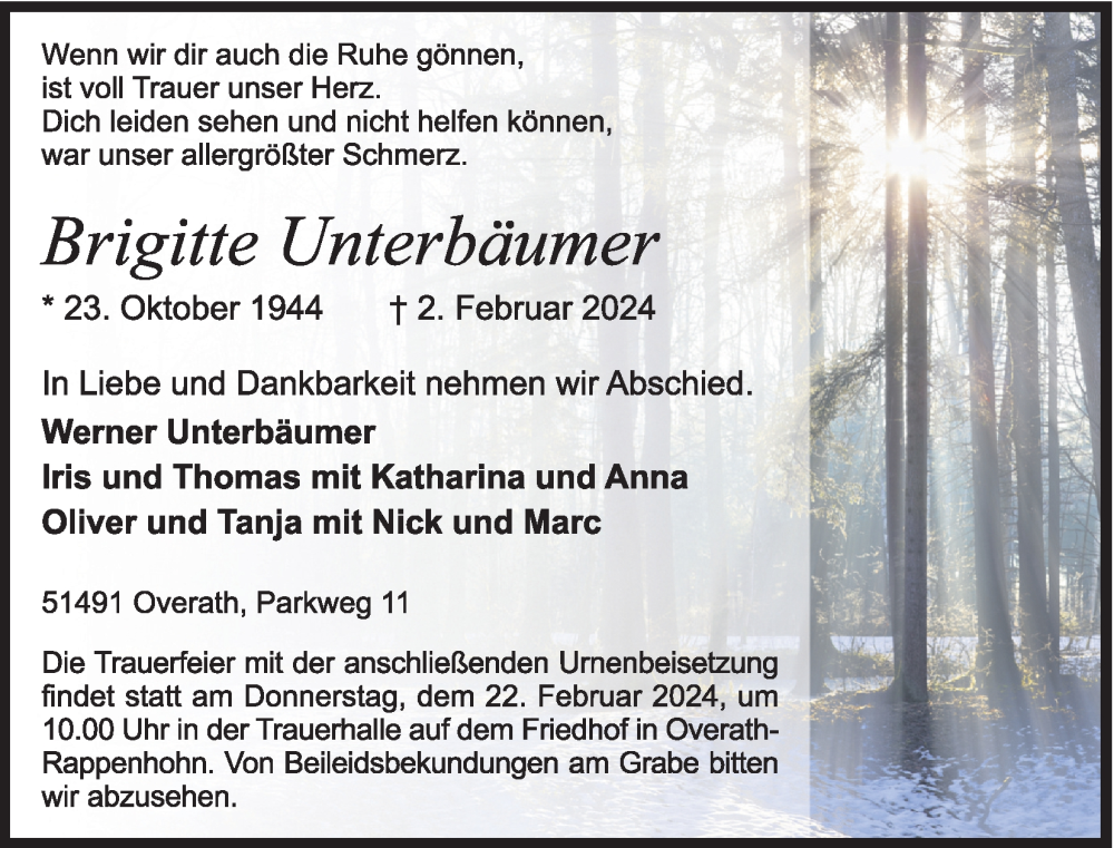  Traueranzeige für Brigitte Unterbäumer vom 10.02.2024 aus Kölner Stadt-Anzeiger / Kölnische Rundschau / Express