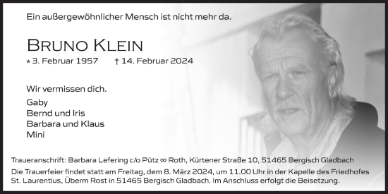 Anzeige von Bruno Klein von  Bergisches Handelsblatt 
