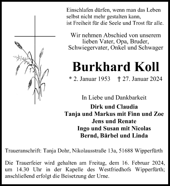 Anzeige von Burkhard Koll von Kölner Stadt-Anzeiger / Kölnische Rundschau / Express