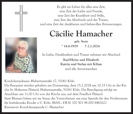 Anzeige von Cäcilie Hamacher von Kölner Stadt-Anzeiger / Kölnische Rundschau / Express