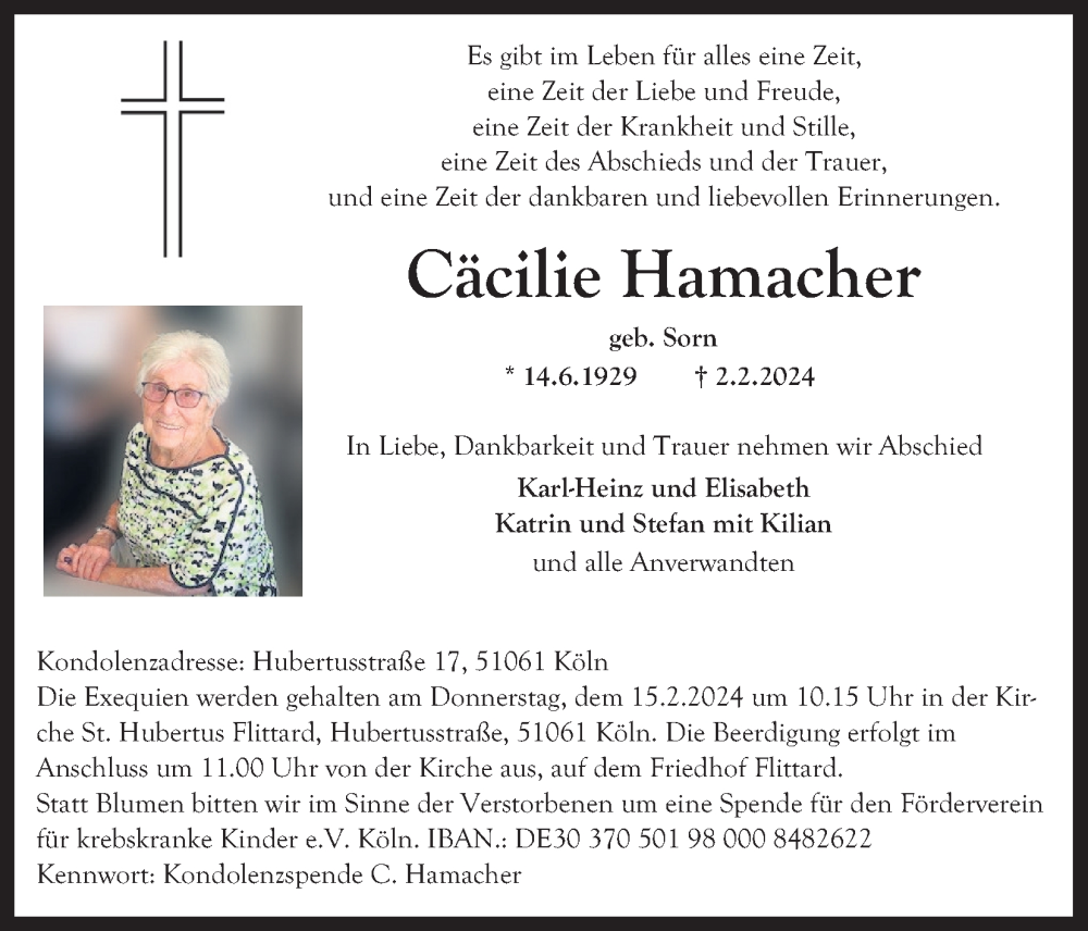  Traueranzeige für Cäcilie Hamacher vom 10.02.2024 aus Kölner Stadt-Anzeiger / Kölnische Rundschau / Express