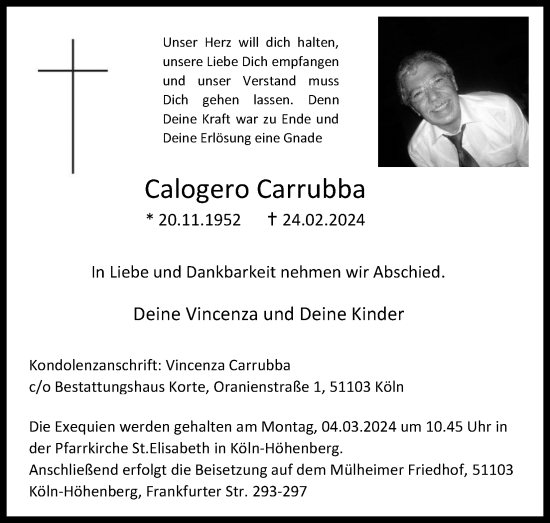 Anzeige von Calogero Carrubba von Kölner Stadt-Anzeiger / Kölnische Rundschau / Express