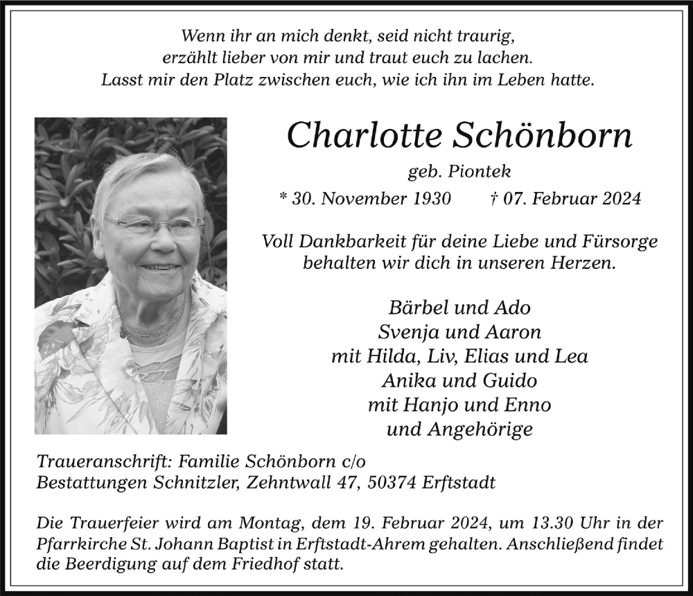  Traueranzeige für Charlotte Schönborn vom 16.02.2024 aus  Werbepost 