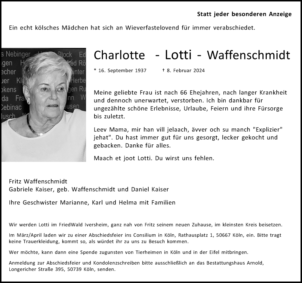  Traueranzeige für Charlotte Waffenschmidt vom 24.02.2024 aus Kölner Stadt-Anzeiger / Kölnische Rundschau / Express