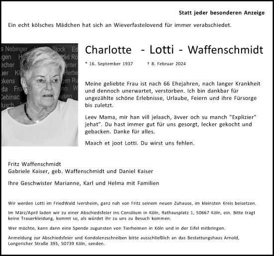 Anzeige von Charlotte Waffenschmidt von Kölner Stadt-Anzeiger / Kölnische Rundschau / Express
