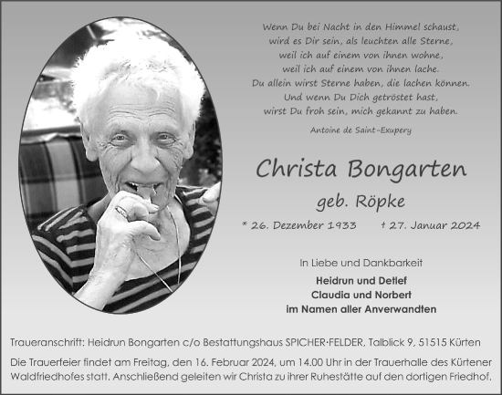 Anzeige von Christa Bongarten von  Bergisches Handelsblatt 