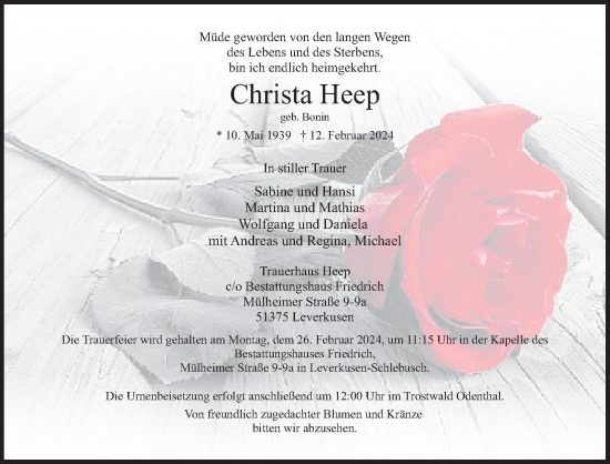 Anzeige von Christa Heep von Kölner Stadt-Anzeiger / Kölnische Rundschau / Express