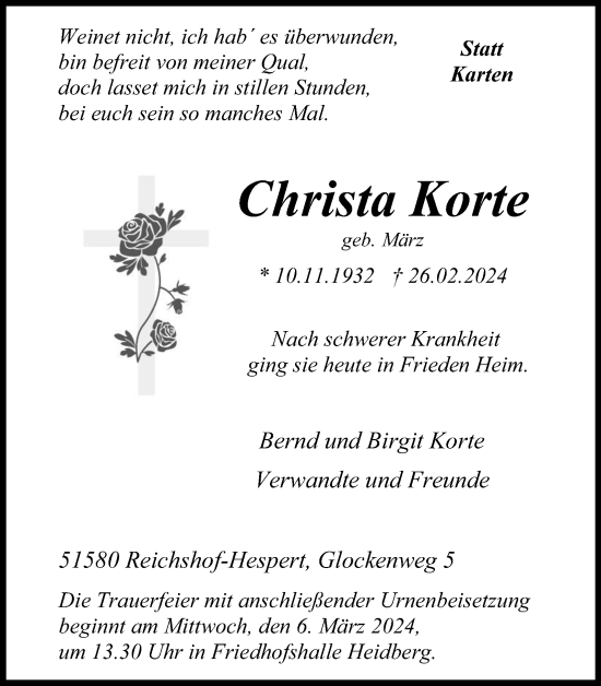 Anzeige von Christa Korte von Kölner Stadt-Anzeiger / Kölnische Rundschau / Express